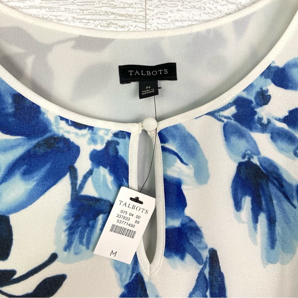 NWT TALBOTS Blue Watercolor Floral Pleated Blouson Sleeve Blouse Chiffon Medium - Picture 4 of 6